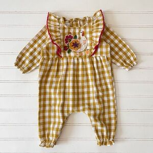 MUD PIE EUC Brushed Cotton Gingham Fall Earthtone Embroidered Appliqué Romper